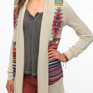 Ecote Cream South Western Open Front Cardigan Tribal Design Size Small